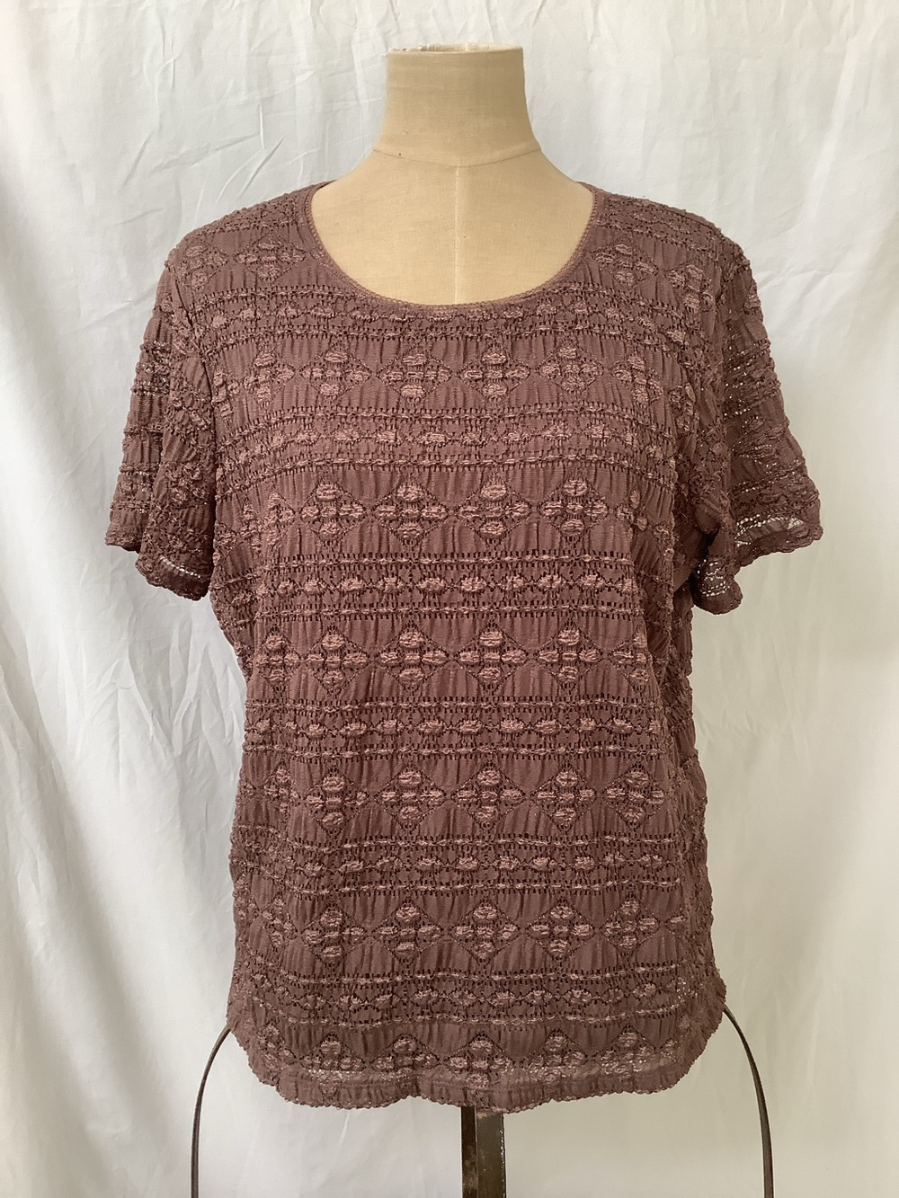 East 5th Stretch Top Shirt-Brown w/Brown Lace Overlay-Short Sleeve-EUC-1X